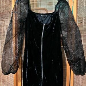Black Velvet Dress with Sheer Sleeves